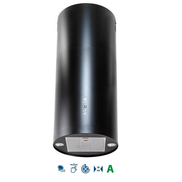 Schwarze, zylindrische Dunstabzugshaube mit LED-Beleuchtung und Touch-Bedienung, Durchmesser 36 cm, Energieeffizienzklasse A