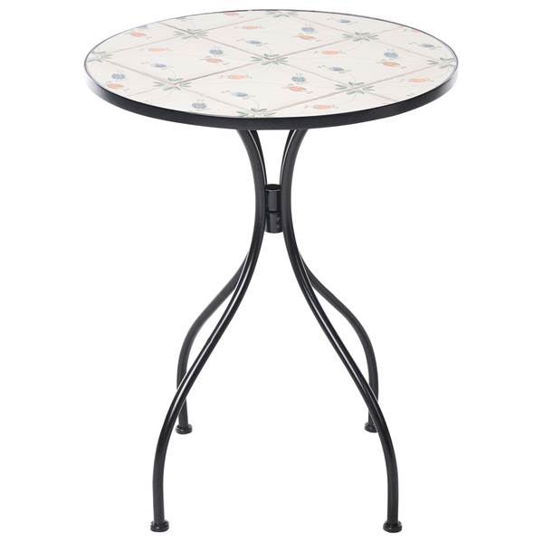 Runder Mosaiktisch für den Garten mit Metallgestell und floralem Muster auf der Tischplatte.