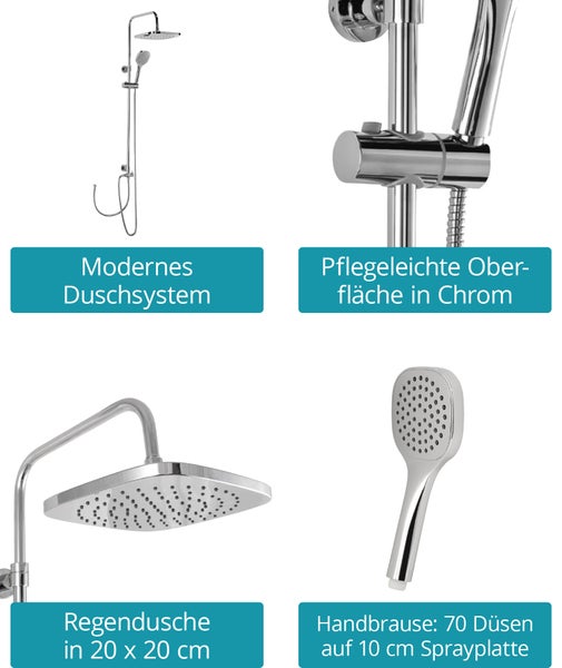 Calmwaters® Duschsystem Chrom, mit Regendusche & Handbrause, je 1 Strahlart, Regendusche, Anti-Kalk, höhenverstellbar, Kleben oder Bohren, 20DP6173