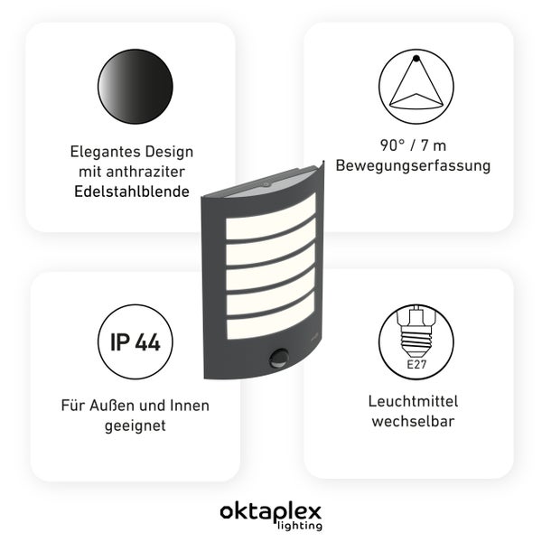 Oktaplex Außenleuchte mit Bewegungsmelder 7m 90 Grad E27-Fassung anthrazit