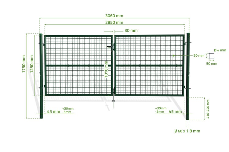 OLGA Doppelflügeltor für Stabmattenzaun 3m  Breite 306 x Höhe 131 cm  Moosgrün, inkl. Griff, Schloss und Schlüssel I Gartenpforte Einfahrtstor Hoftür
