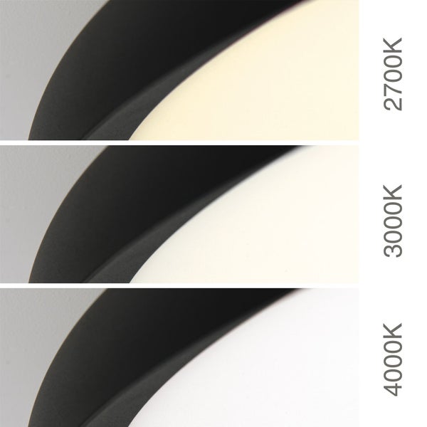 Nahaufnahme einer LED-Leuchte mit verschiedenen Farbtemperaturen: 2700 Kelvin, 3000 Kelvin und 4000 Kelvin.