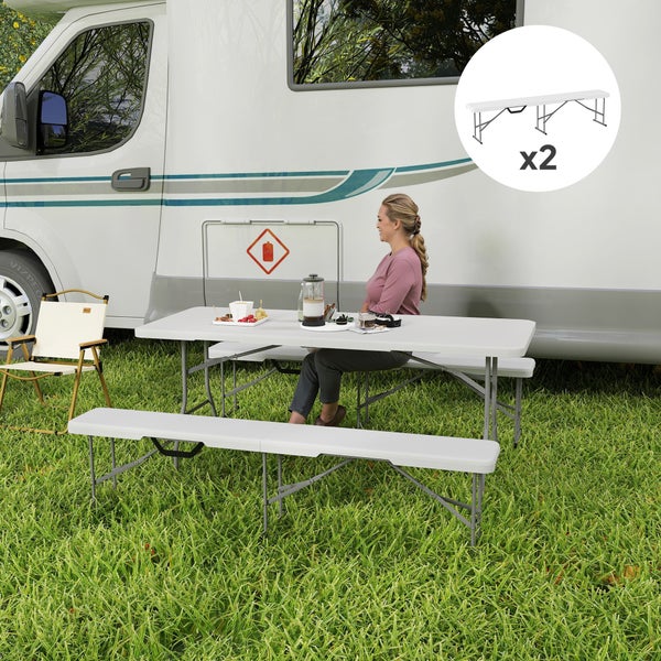 Outsunny 2er Set Bierzeltbank Klappbank 2 Personen 182cm klappbar Partybank mit Tragegriff, Metallbeine, wetterfest Campingbank für Indoor, Outdoor, Gartenbank bis 240 kg belastbar, Weiß
