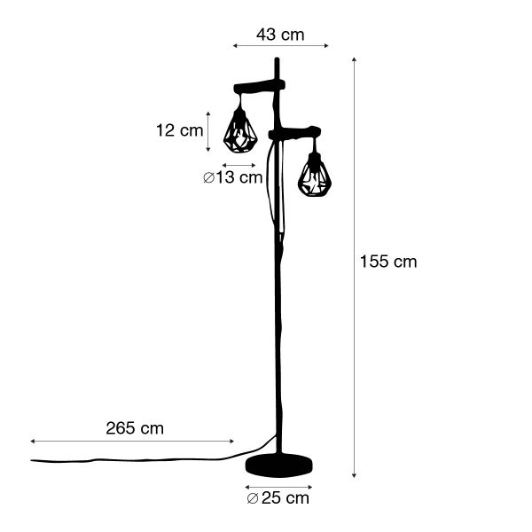 Technische Zeichnung einer Stehlampe mit Maßangaben