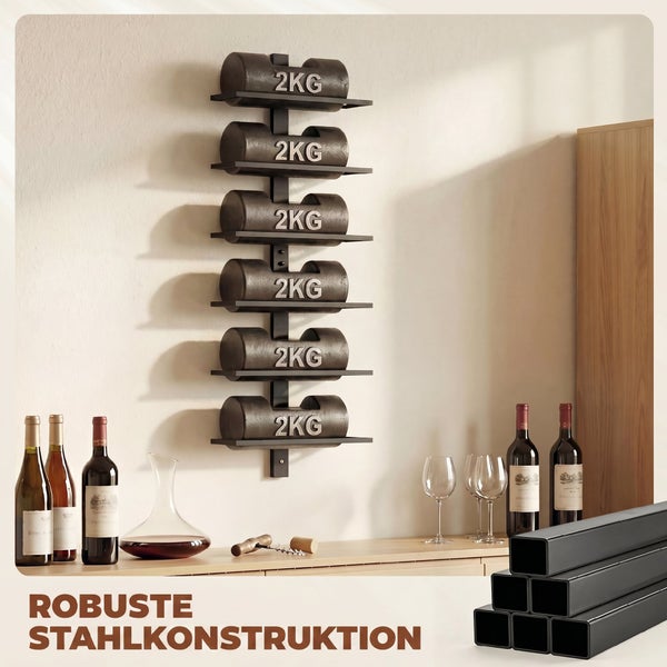 Wandregal aus Stahl zur Aufbewahrung von sechs Hanteln, montiert an einer hellen Wand mit Weinaccessoires auf einem Sideboard.