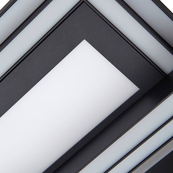 Moderne LED Deckenleuchte mit zwei überlappenden rechteckigen schwarzen Metallrahmen.