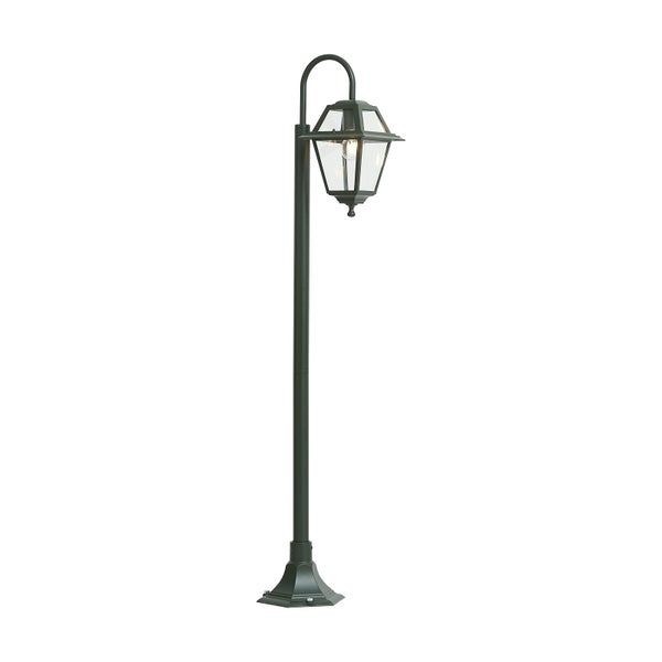 Klassische Wegeleuchte als Standleuchte für den Außenbereich mit Mast und laternenförmigem Leuchtenkopf aus Metall und Glas.