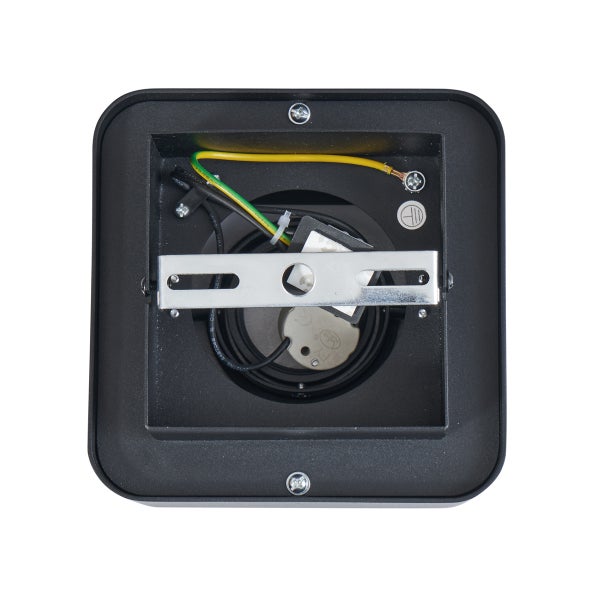 Rückansicht einer quadratischen Leuchte mit Verkabelung und Befestigungselementen