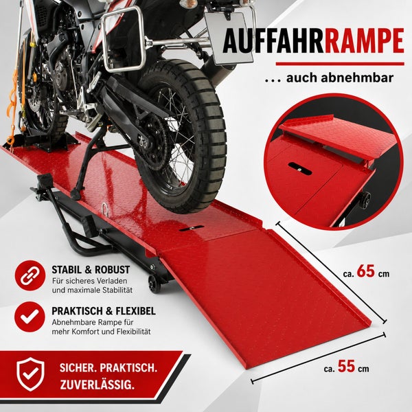 Rote Motorrad-Hebebühne mit abnehmbarer Auffahrrampe aus Riffelblech, Maße circa 65 mal 55 Zentimeter.