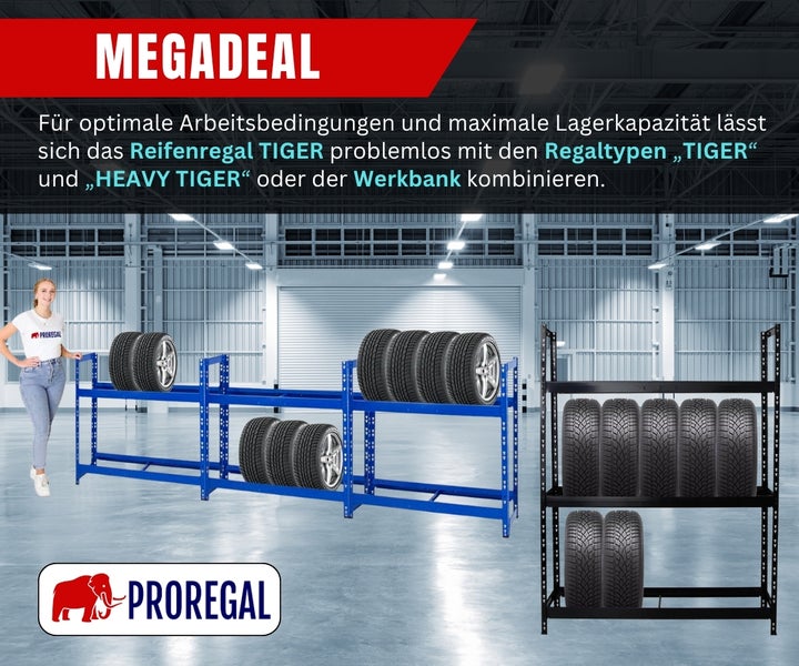 Organisierte Lagerhalle mit Proregal Reifenregal und Schwerlastregal aus Metall für die Reifenlagerung in Werkstatt oder Garage. Proregal Logo.