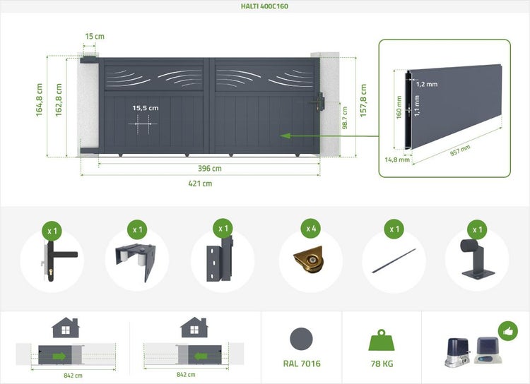 HALTI 400C160 Toranlage mit Maßangaben und Zubehördetails.