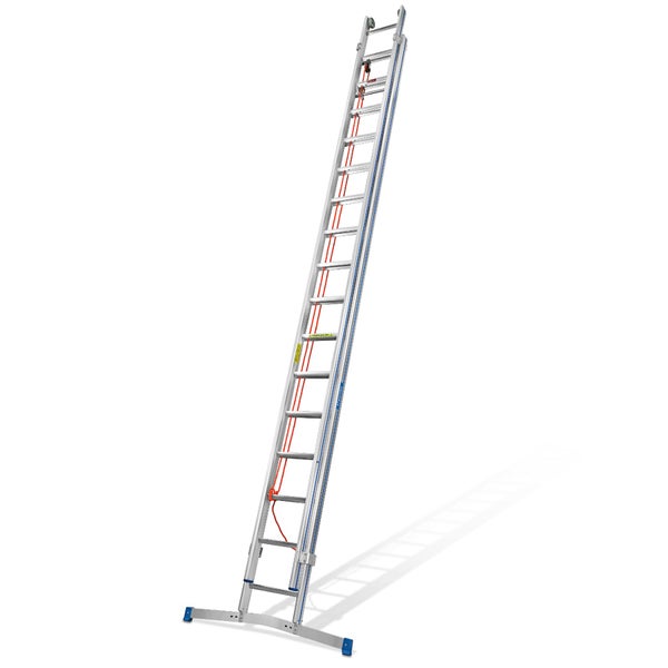 Ausziehbare Aluminium Seilzugleiter mit Quertraverse für sicheren Stand.