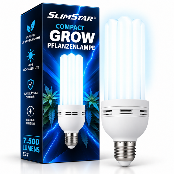 SlimStar Compact Grow Pflanzenlampe mit E27 Sockel in ihrer Produktverpackung, ideal für die Wachstumsphase von Pflanzen.