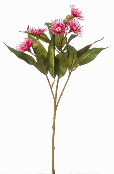 Künstlicher Eukalyptuszweig mit pinkfarbenen Blüten und grünen Blättern aus Kunststoff für die Wohndekoration.