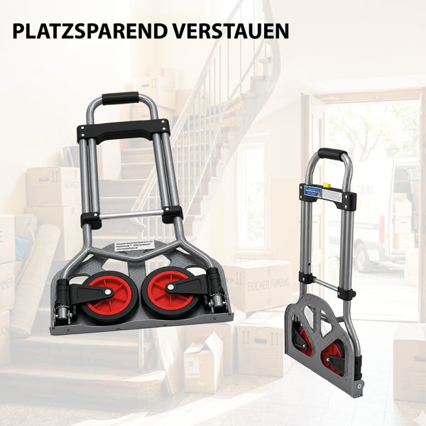 Zusammenklappbare Sackkarre aus Aluminium mit zwei Rädern für platzsparende Aufbewahrung.