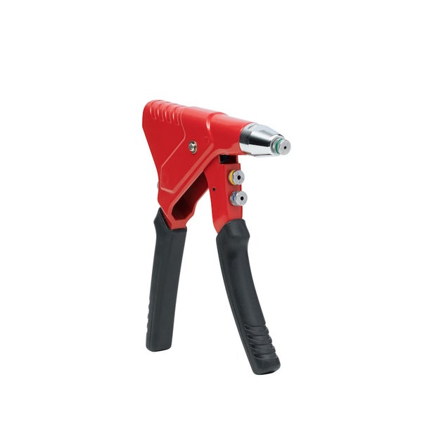 Blindnietzange mit zwei schwarzen ergonomischen Griffen und rotem Metallgehäuse sowie austauschbaren Mundstücken.