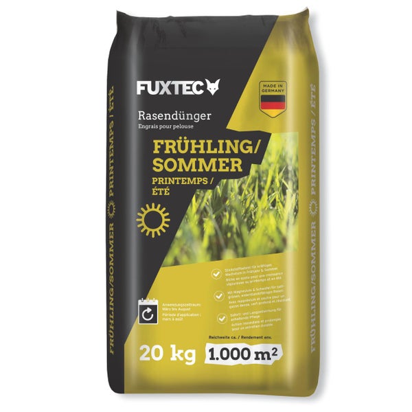 FUXTEC Frühling Sommer Rasendünger, 20 Kilogramm für circa 1000 Quadratmeter Reichweite