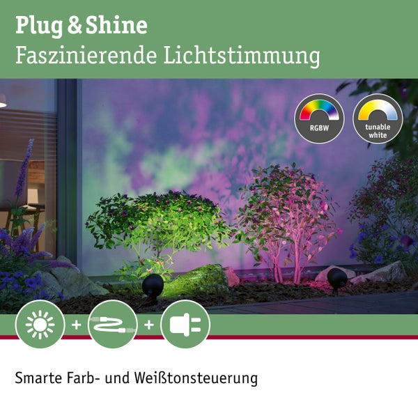 Paulmann Plug und Shine Gartenbeleuchtung mit smarter Steuerung für farbiges Licht, einstellbares Weißlicht und einfachem Stecksystem.
