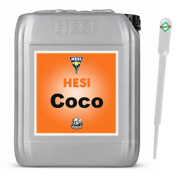 Hesi Coco Pflanzendünger im Kanister mit Dosierpipette zur Nährstoffversorgung von Pflanzen auf Kokossubstrat