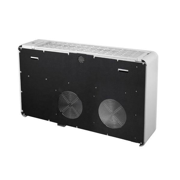 Rückansicht eines Monoblock Klimageräts mit schwarzer Rückwand und zwei runden Lüftungsöffnungen.
