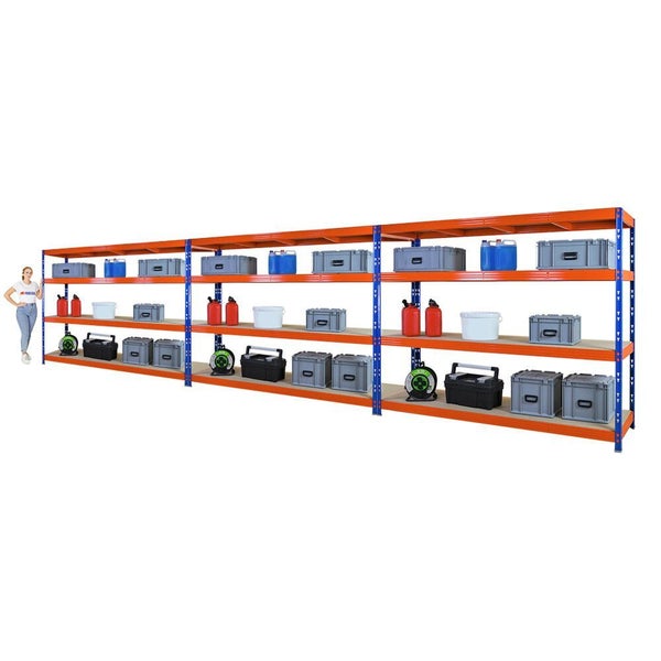 PROREGAL Mega Deal 3x Profi Schwerlastregal Rhino, HxBxT 180x240x60cm, 4 Spanplatten-Ebenen 8mm, Fachlast 450kg, Blau/Orange