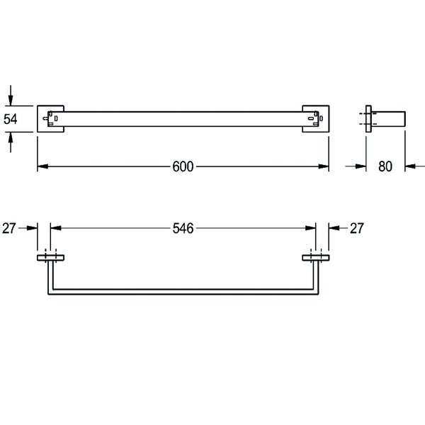 Maßzeichnung Handtuchhalter mit einer Länge von 600 Millimeter, Tiefe von 80 Millimeter und Montagebreite von 546 Millimeter.