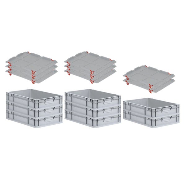 PROREGAL SuperSparSet 8x Eurobox NextGen Grip mit Auflagedeckel mit 4 Roten Schiebeschnappverschlüssen HxBxT 12 x 40 x 60 cm 23 Liter