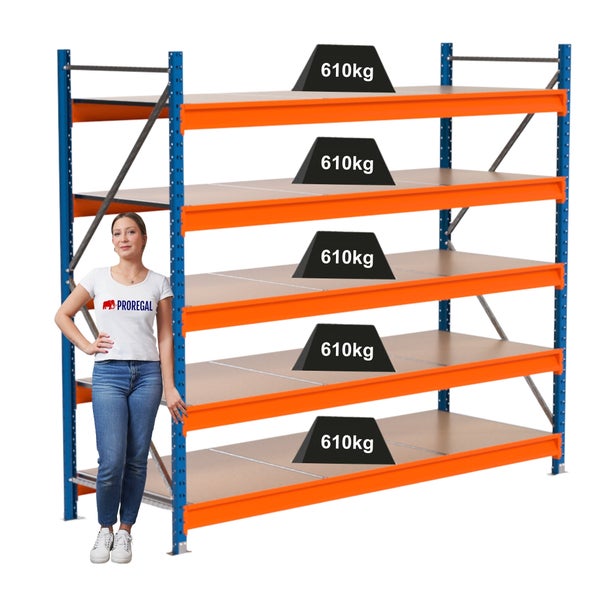 Lagerregal mit fünf Ebenen und einer Traglast von 610 Kilogramm pro Ebene.