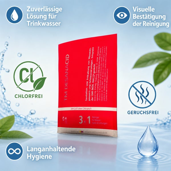 TM Desanacid Wasserreiniger für Wassertanks und Leitungen, chlorfrei und geruchsfrei, für eine zuverlässige Trinkwasserhygiene.