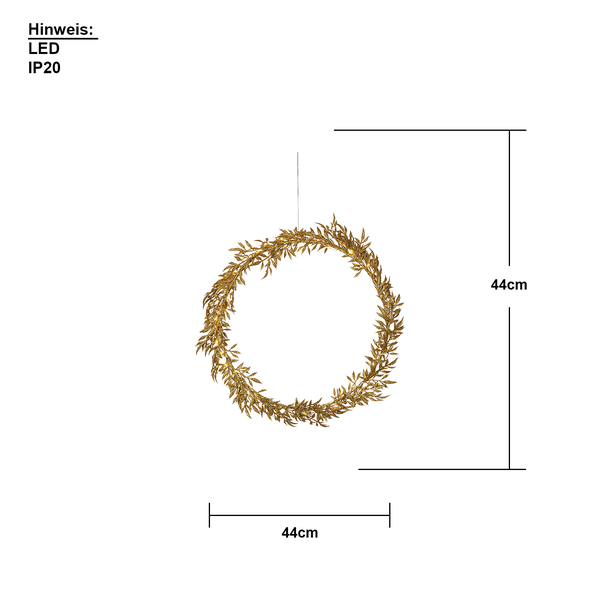 Goldener LED-Dekorationskranz mit 44 Zentimeter Durchmesser für den Innenbereich