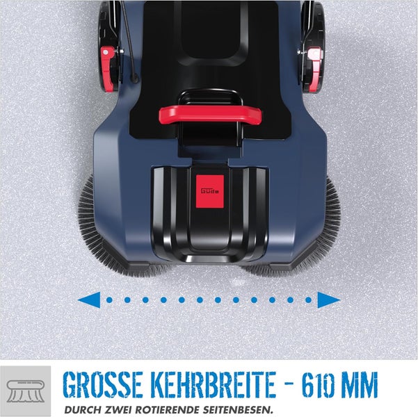 Güde Logo. Kehrmaschine mit zwei rotierenden Seitenbesen und einer Kehrbreite von 610 Millimeter.