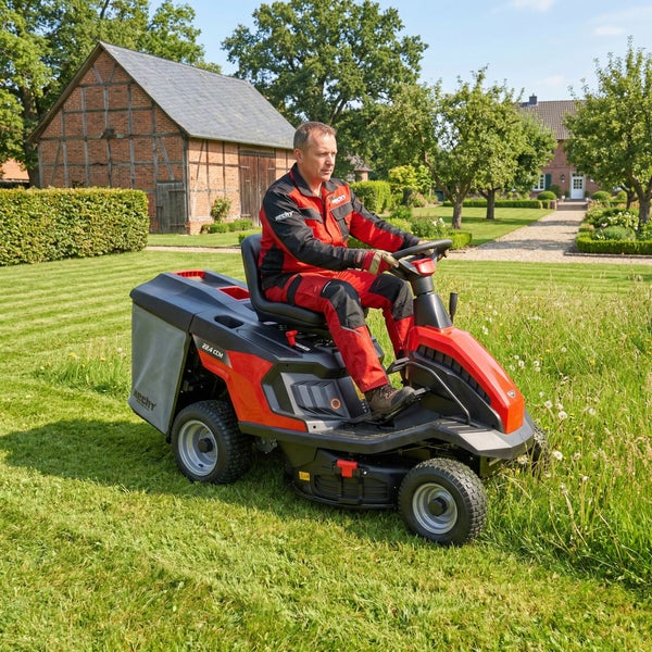 Mann fährt Rasentraktor auf einer Wiese mit einem Gebäude im Hintergrund.