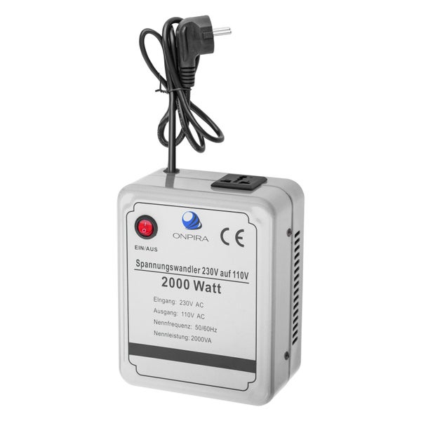 Spannungswandler 230 Volt auf 110 Volt, 2000 Watt Leistung, mit Netzkabel und Ein-Aus-Schalter.