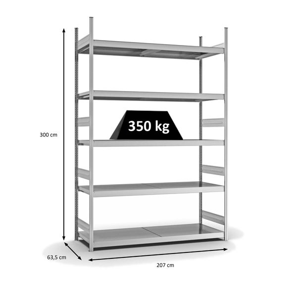 PROREGAL Weitspannregal Stecksystem T-Profil Grundregal HxBxT 300x200x60 cm 5 Ebenen Stahlplatten Fachboden Fachlast 350 kg Verzinkt