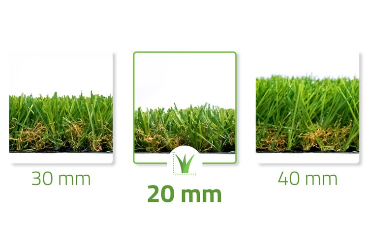 Drei Querschnitte von Kunstrasen mit unterschiedlichen Florhöhen von 20 Millimeter, 30 Millimeter und 40 Millimeter im Vergleich.