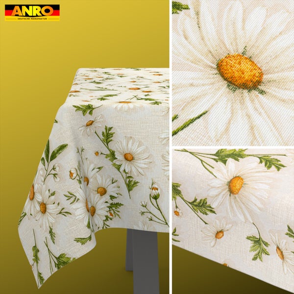 Wachstuch-Tischdecke mit Margeriten-Muster, Detailansicht der Textur, Anro Logo.