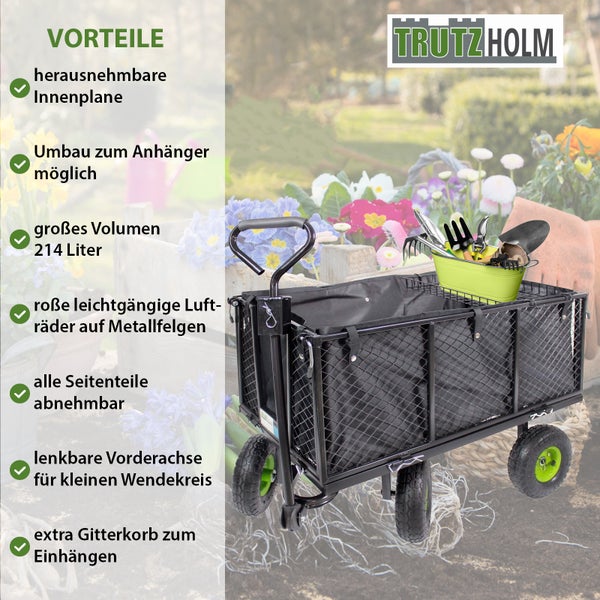 Bollerwagen mit herausnehmbarer Innenplane, Anhängerumbau möglich, 214 Liter Volumen, Lufträder auf Metallfelgen, abnehmbaren Seitenteilen, lenkbarer Vorderachse und Gitterkorb. Trutzholm Logo.
