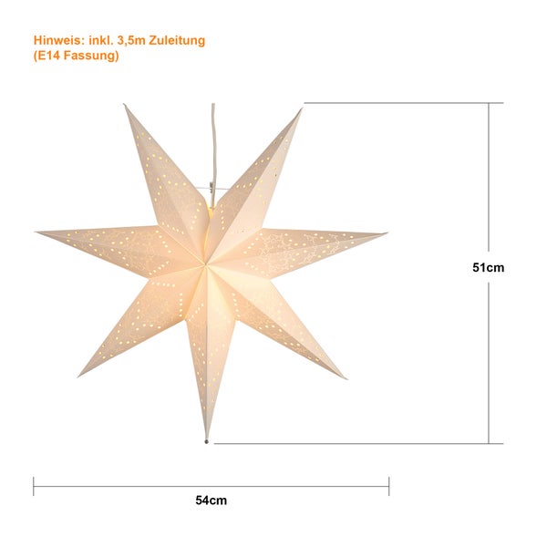 Weihnachtsstern Papierstern inklusive Zuleitung und E14 Fassung mit 51 cm Höhe und 54 cm Breite