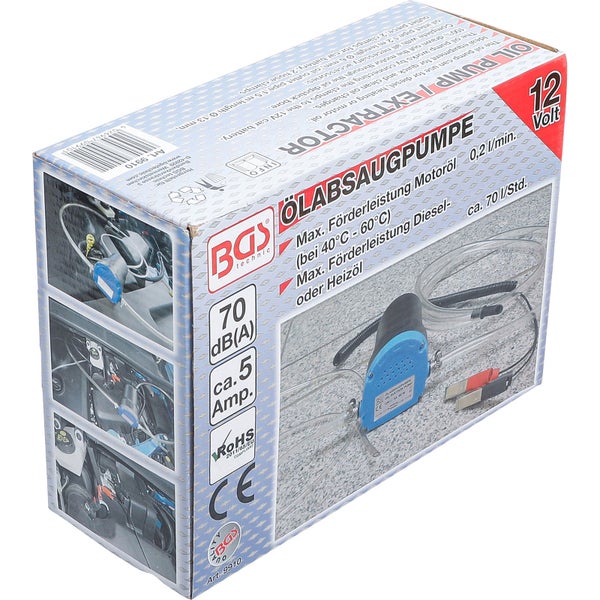 Verpackung einer Motoröl-Absaugpumpe der Marke BGS technic mit technischen Daten und Anwendungsbeispielen