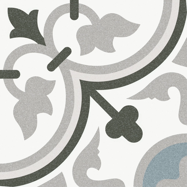 Helle Küche mit dunklen Möbeln und gemusterten Fliesen