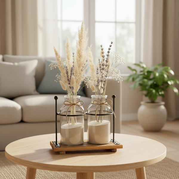 Zwei dekorative Glasflaschen mit Sand und Trockenblumen wie Pampasgras auf einem Holztablett in einem hellen, aufgeräumten Wohnzimmer.