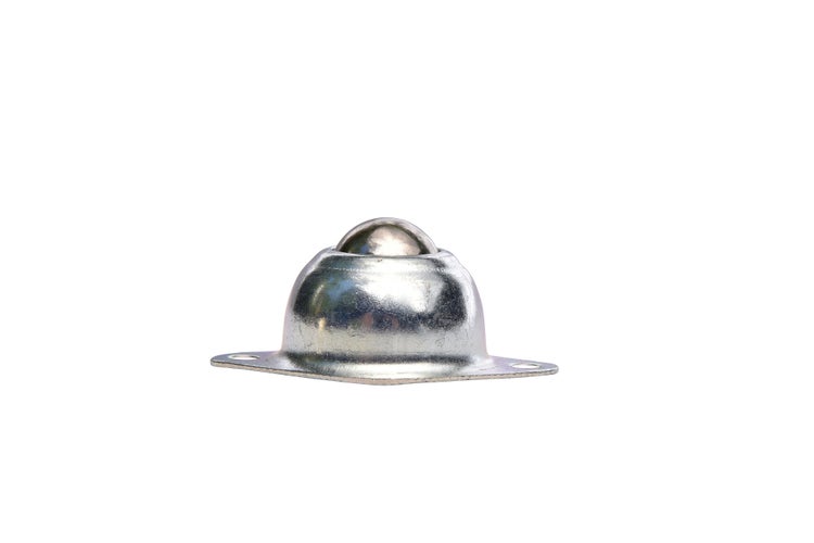 Eine metallene Kugelrolle mit Befestigungsflansch zur Lastenbewegung.