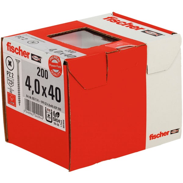 Fischer 200x Power-Fast 4 x 40 Senkkopf nicht rostender Stahl A2 Teilgewinde Kreuzschlitz PZ - 657174