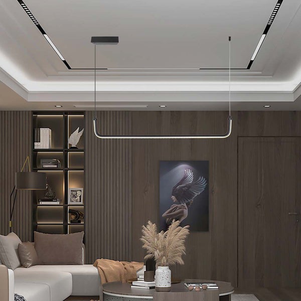 Modernes Wohnzimmer mit linearem LED-Pendelleuchte-Design