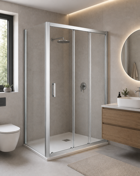 Moderne Eckduschkabine mit Schiebetür aus Sicherheitsglas und Metallprofilen in einem hell gefliesten Badezimmer mit Waschtisch und Toilette.