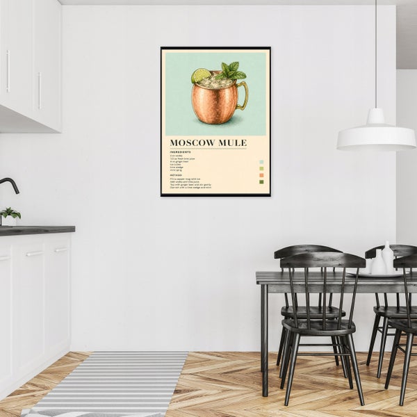Wandbild mit Moscow Mule Rezept in modernem Esszimmer mit weißer Küchenzeile und dunklem Holztisch.