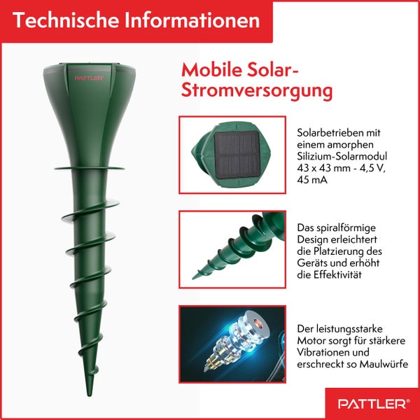 PATTLER® Maulwurf Vertreiber 2er Set - Effektiv Maulwurf vertreiben auf ca. 800m² - Flexible Verwendung durch Solarmodul - innovatives Schraubdesign erhöht Effektivität