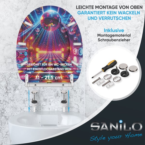 Sanilo WC Sitz mit Disko Motiv inklusive Montagematerial und Schraubenzieher für eine einfache Montage von oben.