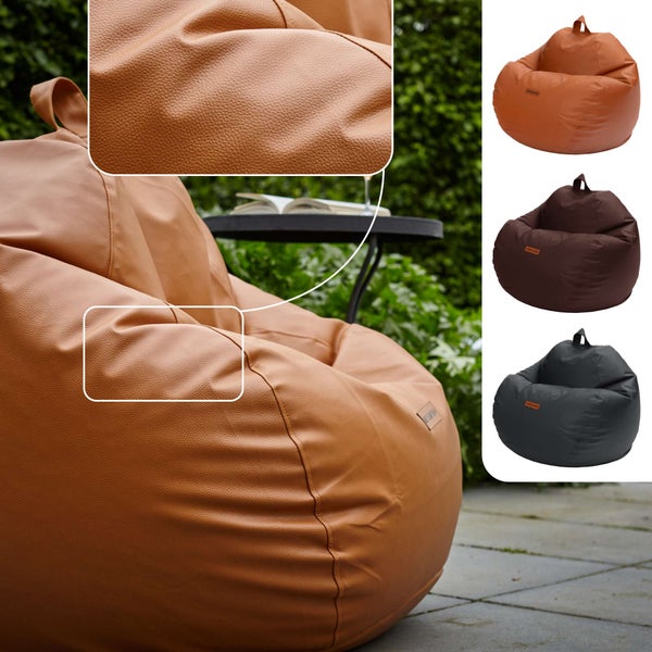 Green Bean Sitzsack aus Kunstleder mit EPS Perlen Füllung - 90 x 70 cm - Bean Bag Sitzkissen Sitzpuff Sitzsessel Bodenkissen Lounge - Cognac