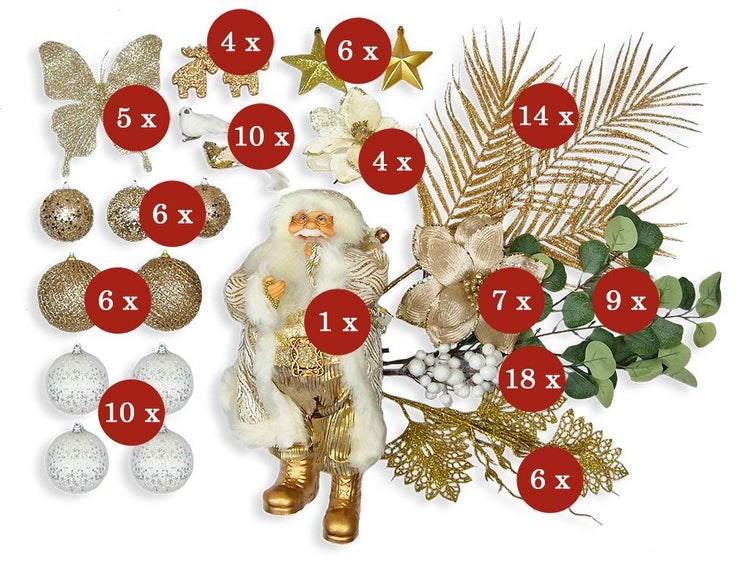 Weihnachtsdekoration Set bestehend aus Weihnachtsmann Figur, Weihnachtskugeln, künstlichen Pflanzen und Dekoelementen in verschiedenen Mengen.